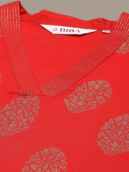 Biba Ethnic Motifs Printed V-Neck Straight Kurta - Red