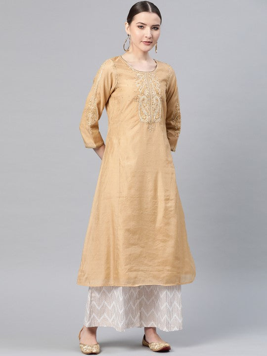 W Women Beige Ethnic Motifs Embroidered & Sequinned A-Line Kurta