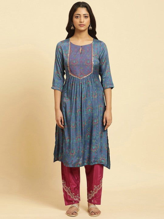 W Floral Woven Design Sequinned Pleated Kurta