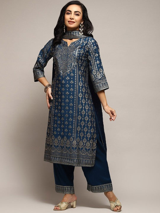 Biba Ethnic Motifs Printed Kurta & Palazzos With Dupatta - Teal