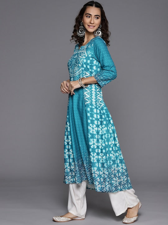 Biba Women Blue & White Ethnic Motifs Printed Kurta & Mask