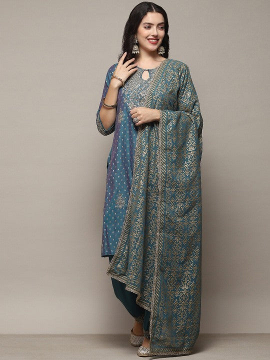 Biba Ethnic Motifs Embroidered Keyhole Neck Beads and Stones Kurta with Salwar & Dupatta