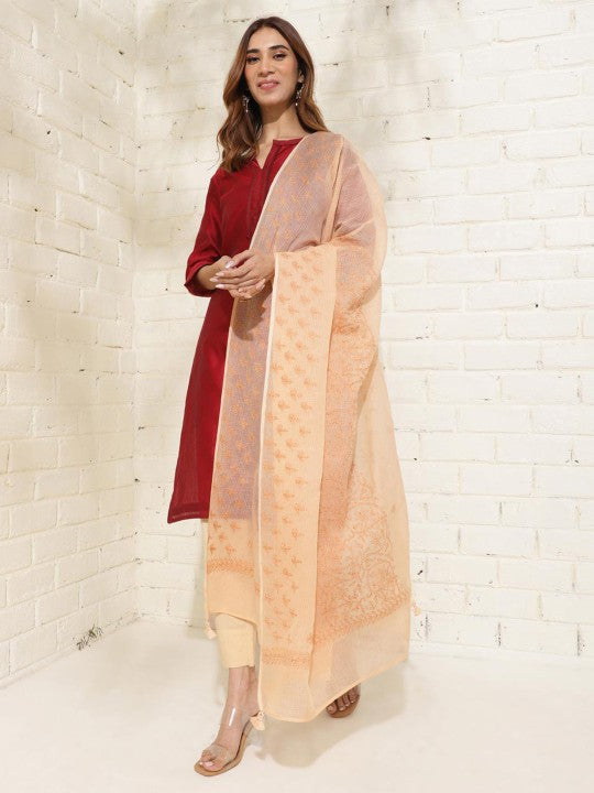 Fabindia Ethnic Motifs Embroidered Cotton Silk Dupatta with Chikankari