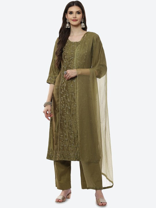 Biba Women Olive Green Ethnic Motifs Embroidered Panelled Kurta with Palazzos & Dupatta