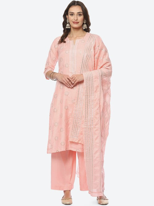 Biba Women Embroidered Notch Neck Thread Work Straight Kurta with Palazzos & Dupatta