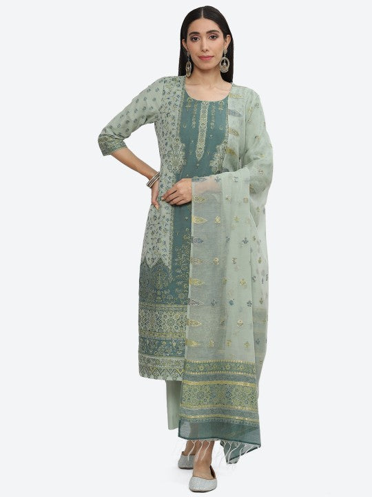 Biba Ethnic Motifs Woven Design Kurta with Palazzos & Dupatta - Green & Teal