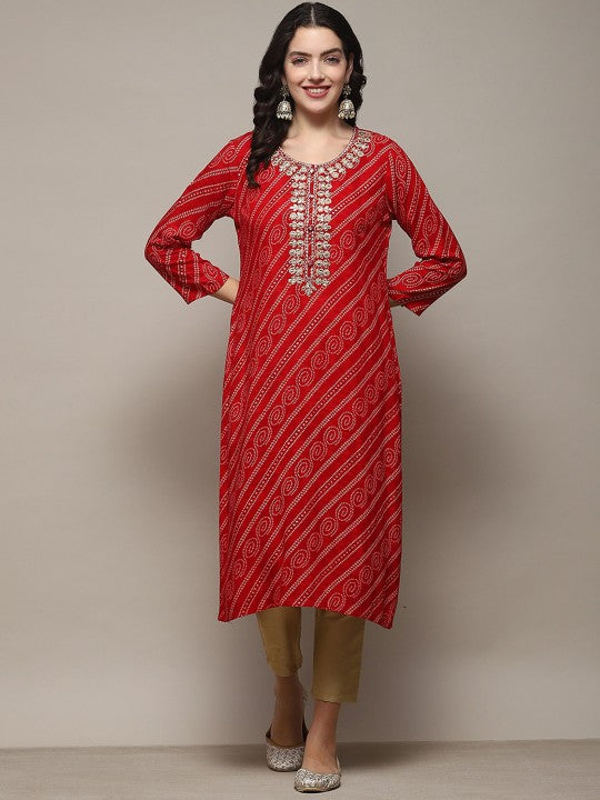 Biba Bandhani Printed Sequined Detail Straight Kurta