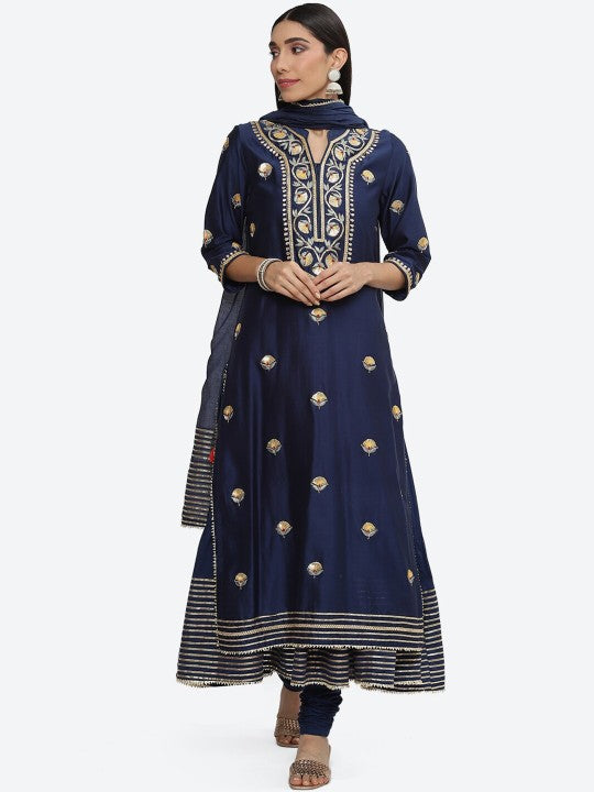 Biba Floral Embroidered Gotta Patti Layered Kurta with Churidar & Dupatta