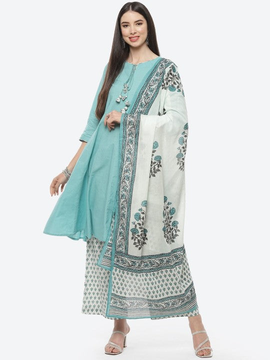 Biba Women Turquoise Blue Floral Pure Cotton Kurta with Trousers & With Dupatta