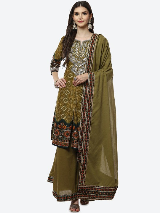 Biba Women Olive Green Embroidered Kurta with Palazzos & With Dupatta