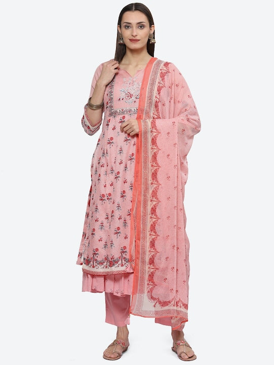 Biba Floral Printed Thread Work Layered Kurta with Trousers & Dupatta