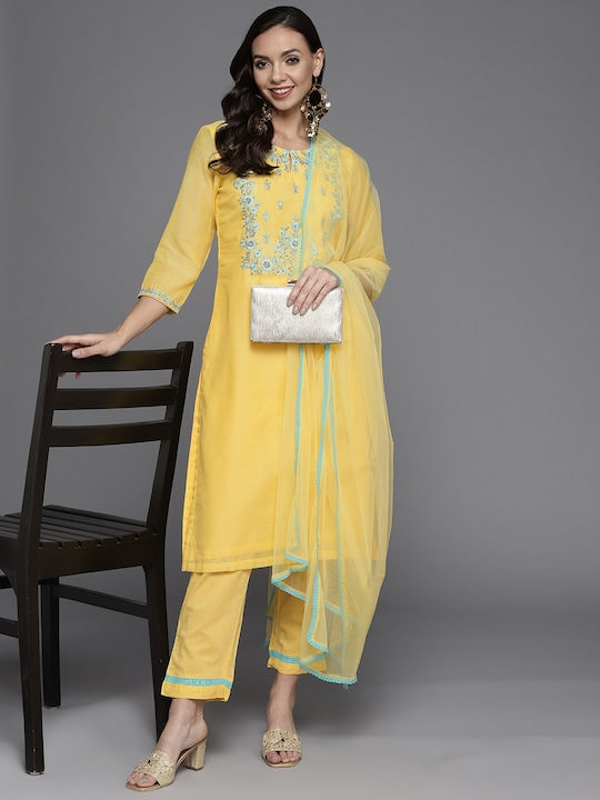 Biba Women Yellow Floral Yoke Design Sequinned Kurta with Trousers & Dupatta