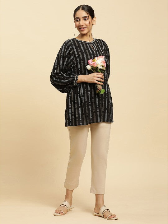 W Black Geometric Printed Puff Sleeve Kurti