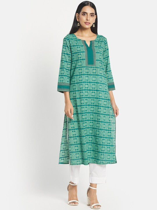 Fabindia Women Green Printed Keyhole Neck Kurta
