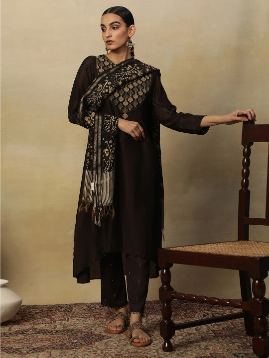 W Floral Printed Dupatta - Brown & White