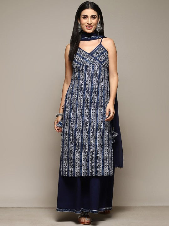 Biba Ethnic Motifs Printed Mirror Work Detailed Straight Kurta & Palazzos with Dupatta