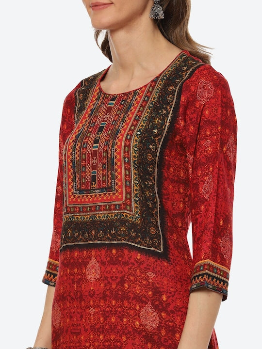 Biba Women Red & White Ethnic Motifs Printed Straight Kurta
