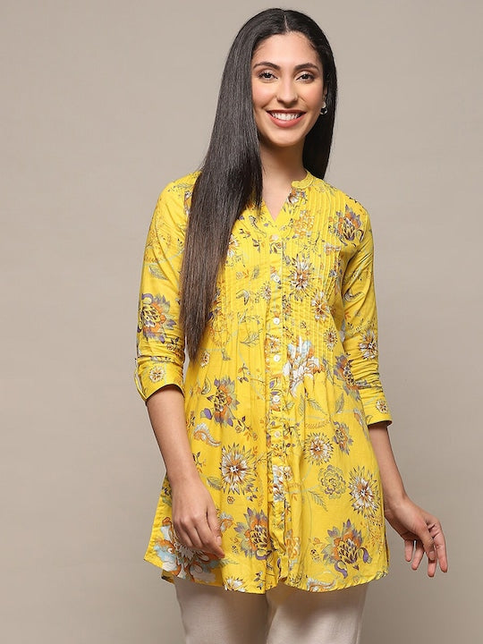 Biba Floral Printed Pure Cotton Kurti - Yellow