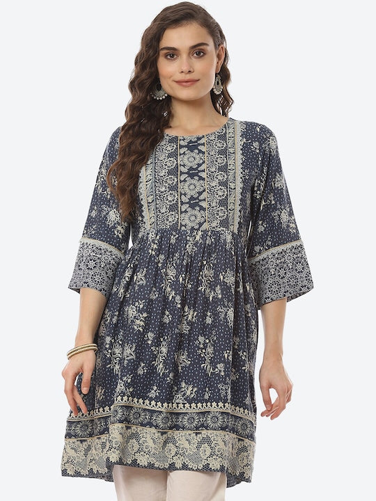 Biba Navy Blue Ethnic Motifs Printed Pleated Anarkali Kurti