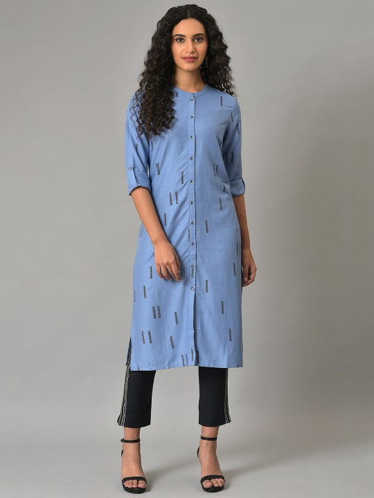 W Printed Band Collar Roll Up Sleeves Kurta