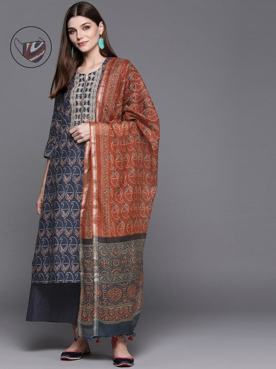 Biba Women Navy Blue Paisley Printed Regular Pure Cotton Kurta with Palazzos & With Dupatta