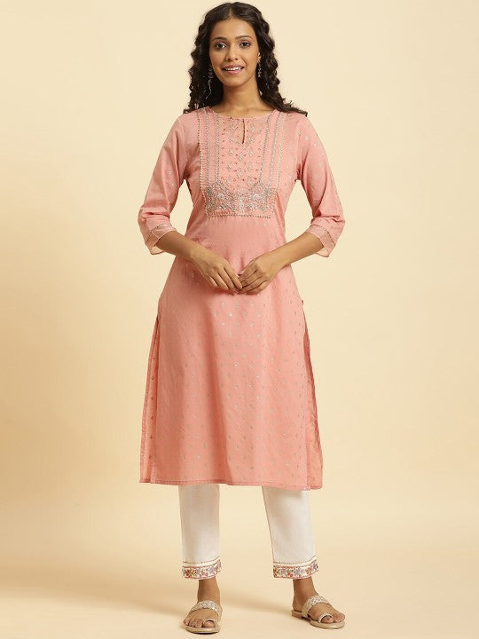 W Floral Embroidered Sequinned Pure Cotton Straight Kurta