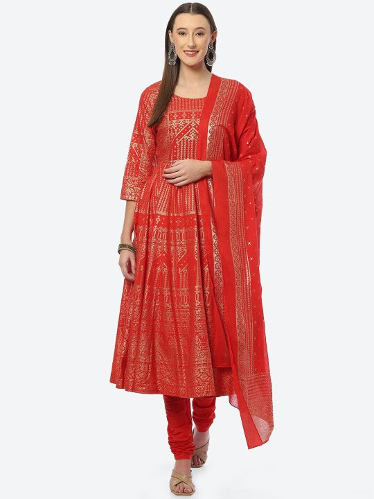 Biba Women Red Ethnic Motifs Kurta with Churidar & Dupatta