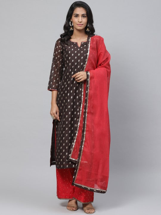 Biba Women Coffee Brown & Red Printed Kurta with Palazzos & Dupatta