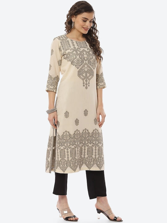Biba Women Beige & Black Ethnic Motifs Printed A-line Kurta