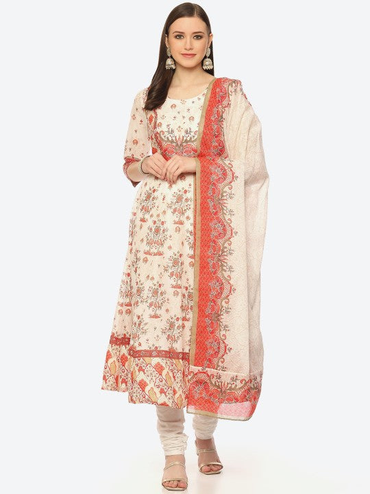 Biba Women Ethnic Motifs Printed Kurta With Churidar & Dupatta - Cream