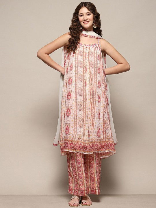 Biba Ethnic Motifs Printed A-Line Kurta With Palazzos & Dupatta