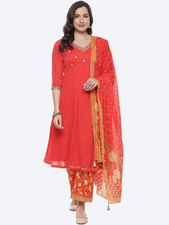 Biba Women Red Floral Embroidered Mirror Work Pure Cotton Kurta with Palazzos & With Dupatta