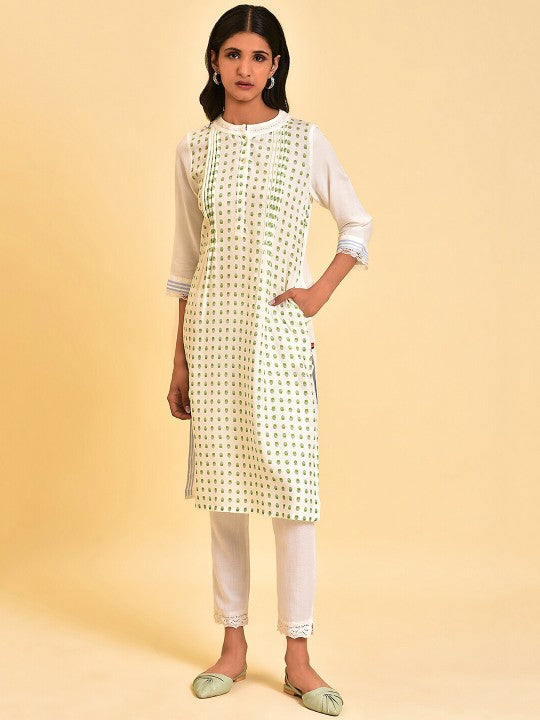 W White & Blue Ethnic Motifs Printed Mirror Work Mandarin Collar Kurta