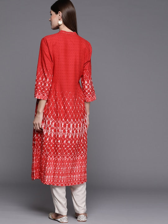 Biba Women Red & White Geometric Printed Kurta