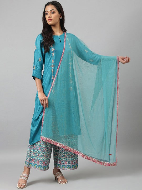 W Blue & Pink Poly Crepe Dupatta