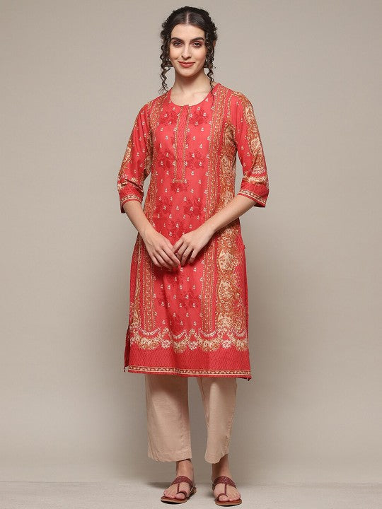 Biba Ethnic Motif Printed Round Neck Pure Cotton Kurta & Palazzos