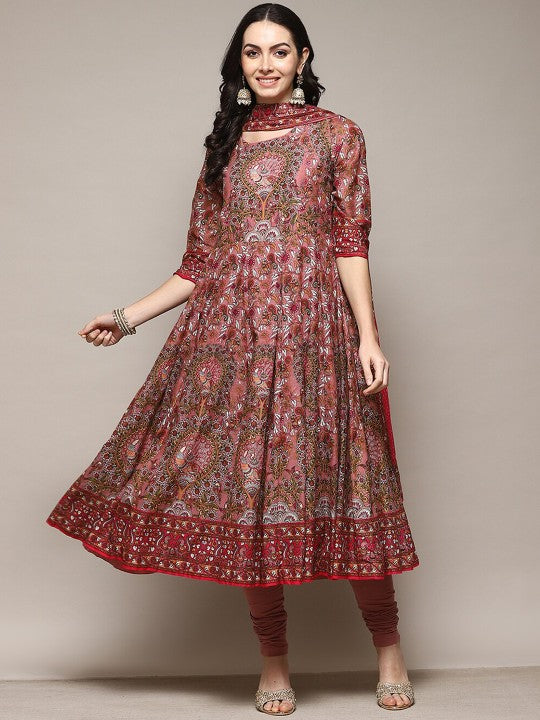 Biba Ethnic Motifs Printed Round Neck Anarkali Kurta with Churidar And Dupatta