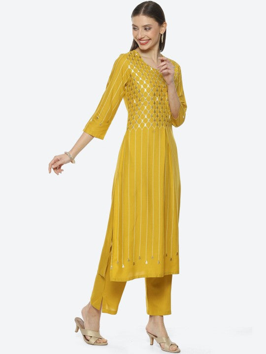 Biba Ethnic Motifs Foil Printed Pleated A-Line Kurta with Trousers