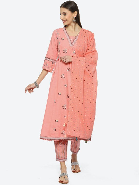 Biba Women Embroidered Kurta with Trousers & Dupatta