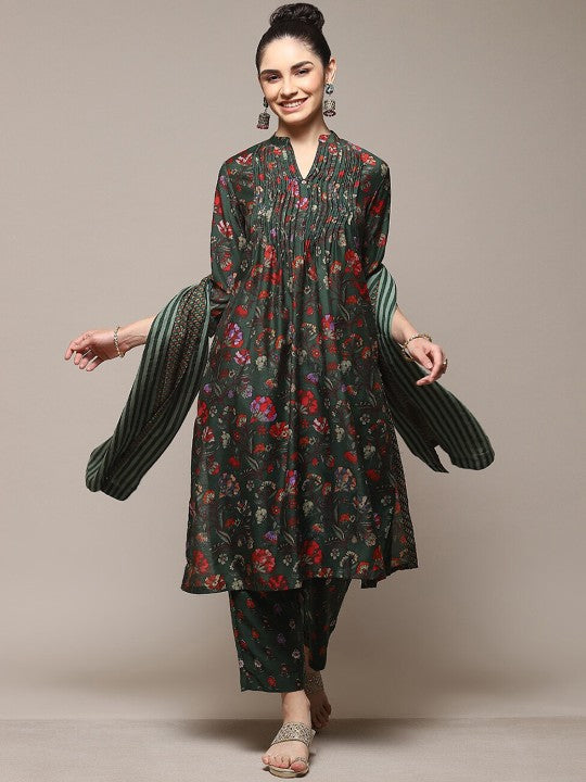 Biba Floral Printed Pleated Kurta With Palazzos & Dupatta