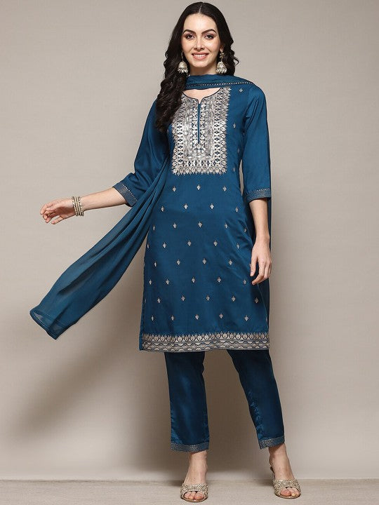 Biba Ethnic Motifs Embroidered Sequinned Kurta With Trousers & Dupatta