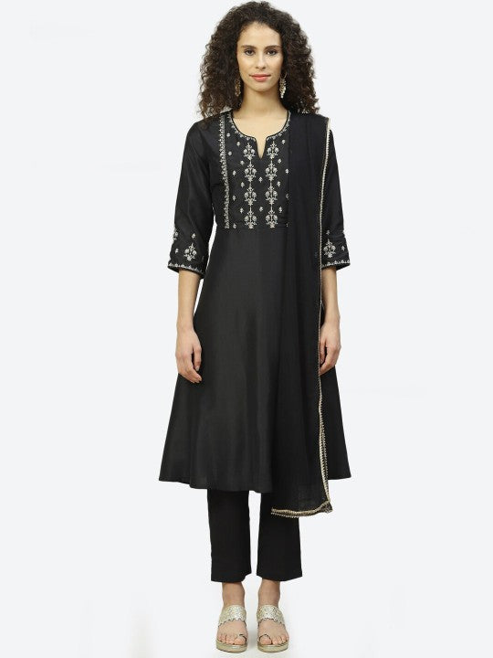 Biba Women Black Floral Embroidered Kurta with Trousers & Dupatta