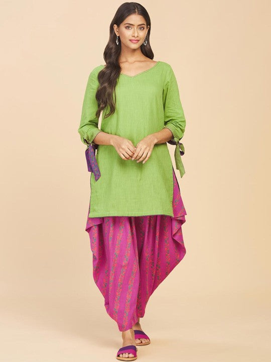 Fabindia Women Green V-Neck Pure Cotton Kurti