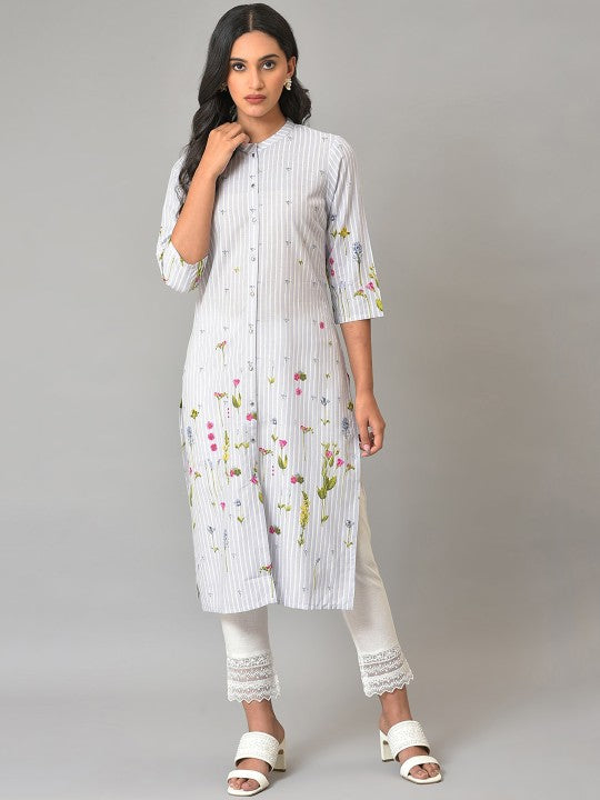 W Floral Printed Band Collar Straight Kurta