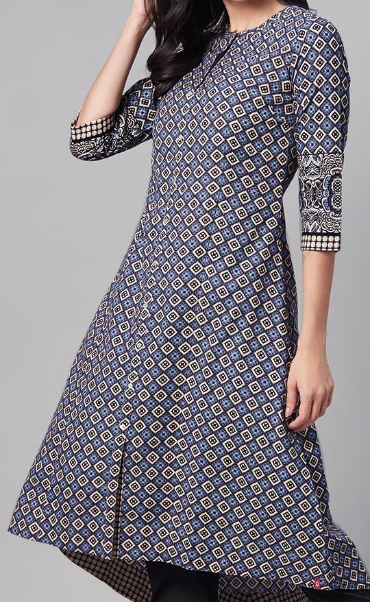 Biba Women Blue & Off White Geometric Printed Kurta