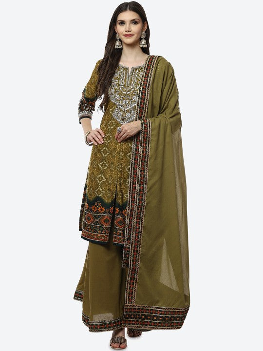 Biba Women Green Embroidered Thread Work Kurti with Salwar & With Dupatta