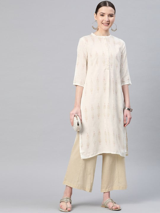 W Women Off-White & Pink Printed Straight Kurta