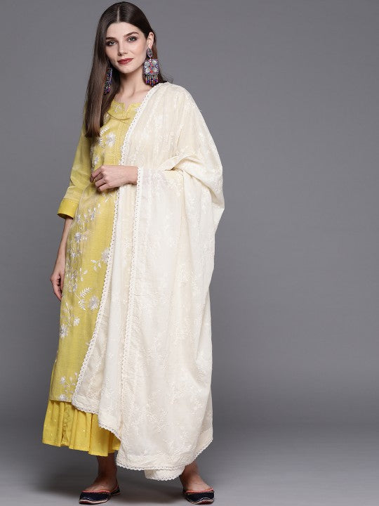 Biba Women Yellow Floral Regular Thread Work Silk Georgette Kurta with Palazzos & With Dupatta