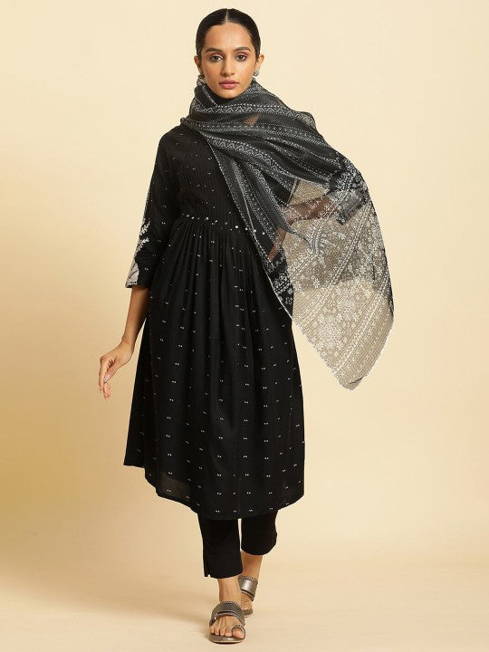 W Ethnic Motifs Printed Dupatta - Black & White