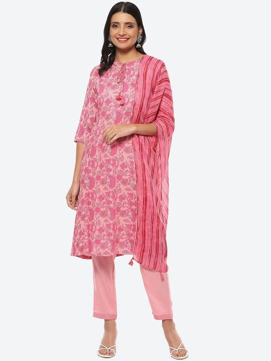 Biba Women Floral Printed Kurta with Trousers & Dupatta Set